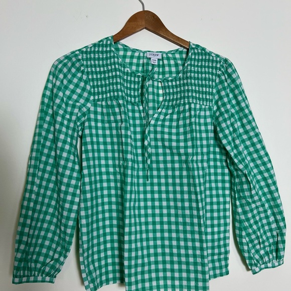 J. Crew Green Gingham Women's Top XXS Tie Neck Smocked Cotton Woven Casual Chic - Picture 10 of 16